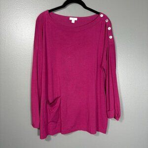 J Jill Women's Pink Minimalist Lagenlook Button Accent Top - Size Large - Pocket